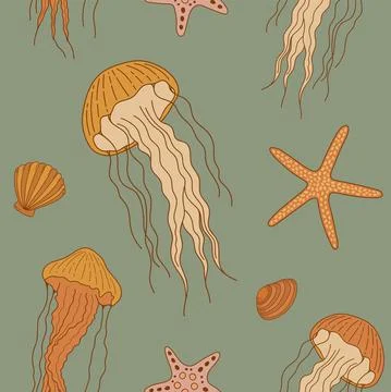 Seamless pattern with hand drawn jellyfish, shells and starfish  Stock Illustration