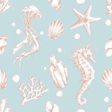Seamless pattern with hand-drawn jellyfish, seahorse, shell, coral reef and Stock Illustration