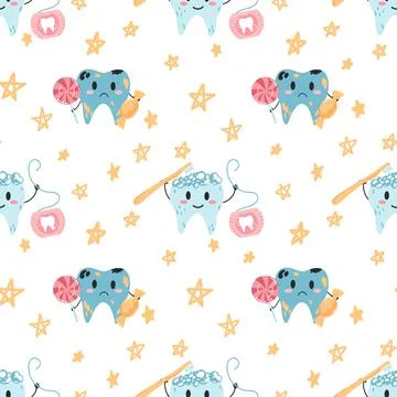 Seamless pattern with hand drawn kawaii teeth characters in cartoon flat styl Stock Illustration