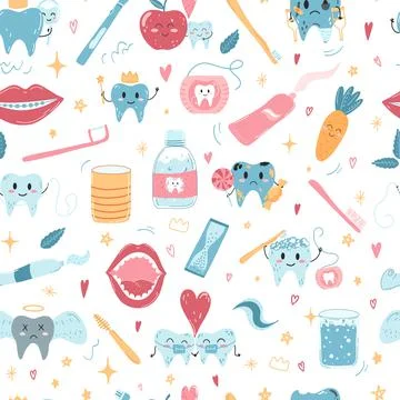 Seamless pattern with hand drawn kawaii teeth characters and oral care produc Stock Illustration