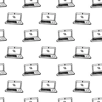 Seamless pattern hand drawn laptop. Doodle black sketch. Sign symbol. Decorat Stock Illustration