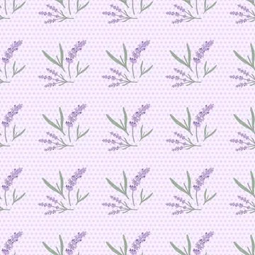 Seamless Pattern of Hand-Drawn Lavender Sprigs on a Soft Polka Dot Background Illustrazione stock