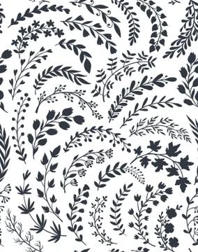 Seamless pattern with hand drawn leaves and branches. Vector endless natural Stock Illustration