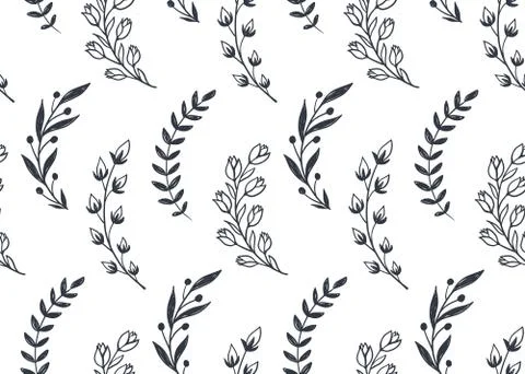 Seamless pattern with hand drawn leaves and branches. Vector endless natural Stock Illustration