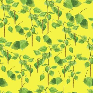 Seamless pattern with hand drawn leaves and branch of birch. Stock Illustration