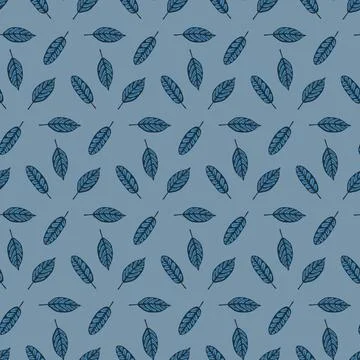Seamless pattern hand drawn leaves foliage blue gray dark background for text Stock Illustration
