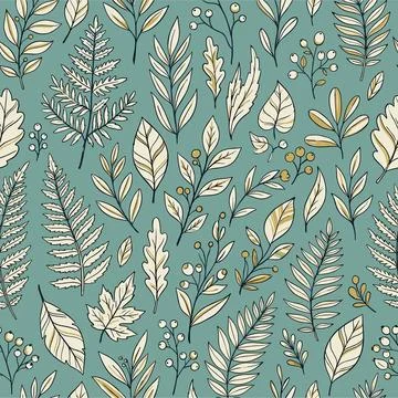Seamless Pattern with Hand Drawn Leaves and Berries on a Teal Background. Stock Illustration