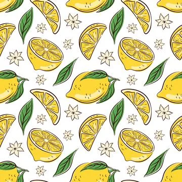 Seamless pattern with hand drawn lemon slice, green leaf and citrus blossom in Stock Illustration