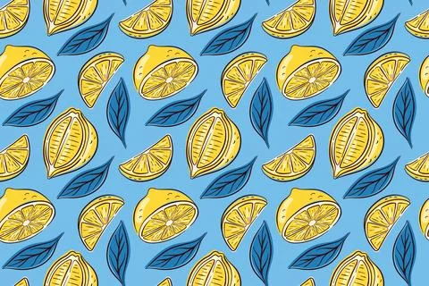 Seamless pattern of hand drawn lemon with slices and leaves on a blue background Stock Illustration