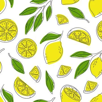 Seamless pattern of hand drawn lemons. Citrus fruit background. Perfect for Stock Illustration