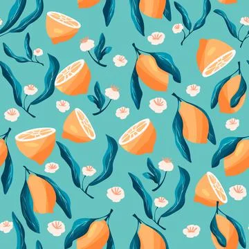 Seamless pattern with hand drawn lemons on blue background. Stock Illustration