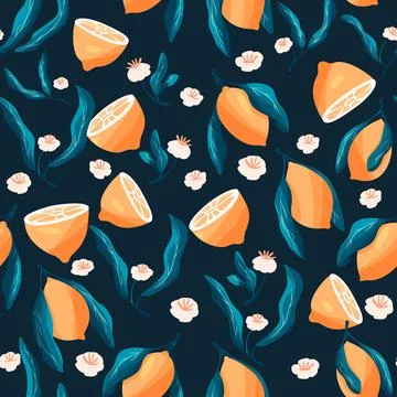 Seamless pattern with hand drawn lemons on blue background. Stock Illustration