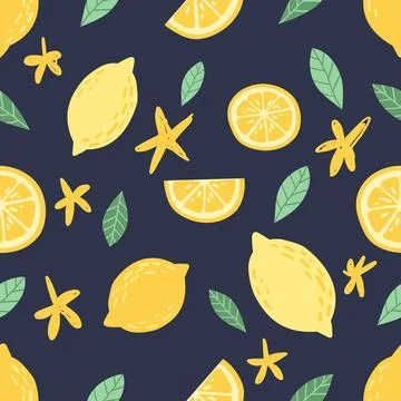 Seamless pattern with hand drawn lemons and slices on dark background. Stock Illustration