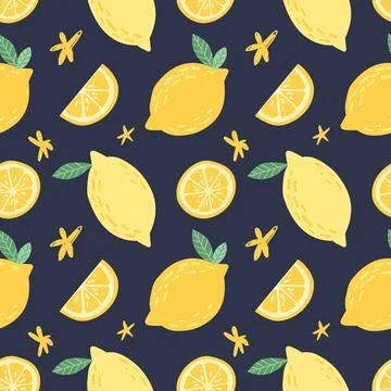 Seamless pattern with hand drawn lemons and slices on dark background. Stock Illustration