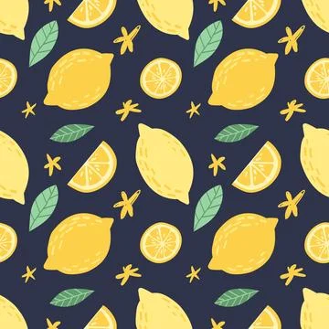 Seamless pattern with hand drawn lemons and slices on dark background. Stock Illustration