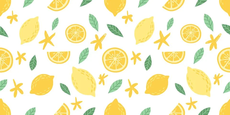 Seamless pattern with hand drawn lemons and slices on white background. Stock Illustration
