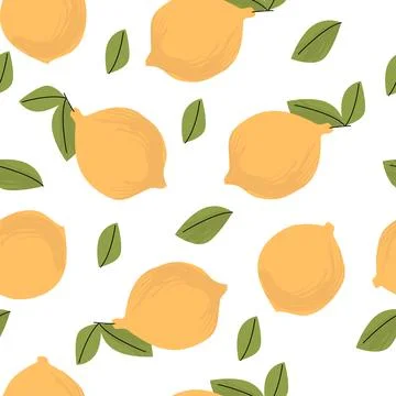 Seamless pattern with hand drawn lemons and green leaves, bright yellow citrus Stock Illustration