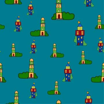 Seamless pattern with hand drawn lighthouse. Marine vector background . Stock Illustration