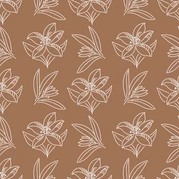 Seamless pattern. Hand-drawn lilies with buds and leaves, vector , sketch Stock Illustration