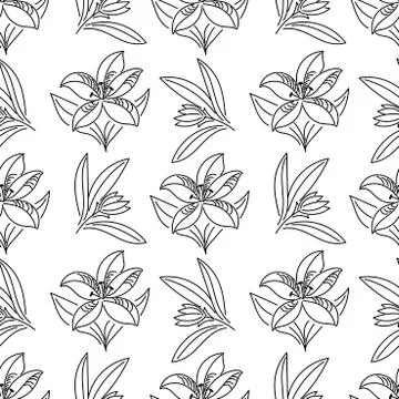 Seamless pattern. Hand-drawn lilies with buds and leaves, vector illustration Stock Illustration