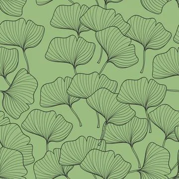 Seamless pattern hand drawn line art black gingko leaf on green background. Stockillustratie