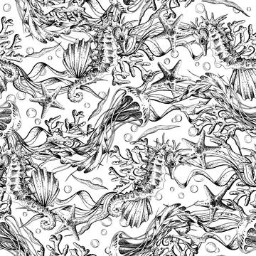 Seamless pattern with hand-drawn line art of underwater marine life. Outline Illustrazione stock