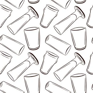 Seamless pattern with hand drawn line art style beer glass. Black and white Stock Illustration