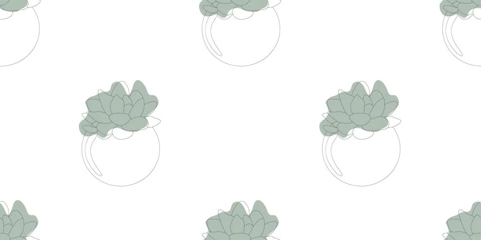Seamless pattern of Hand drawn Linear Succulents in flower pots. Line Art out Stock Illustration
