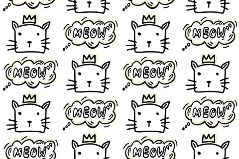 Seamless pattern with hand drawn lines cartoon cats with a crown and bubble w Stock Illustration