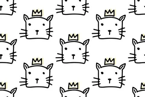Seamless pattern with hand drawn lines cartoon cats with a crown. Pet animal  Stock Illustration