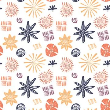 Seamless pattern of hand drawn lines and spots of plants and flowers Stock Illustration