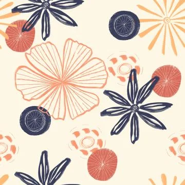 Seamless pattern of hand drawn lines and spots of plants and flowers Stock Illustration