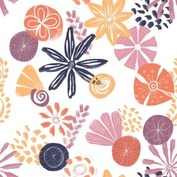 Seamless pattern of hand drawn lines and spots of plants and flowers Stock Illustration