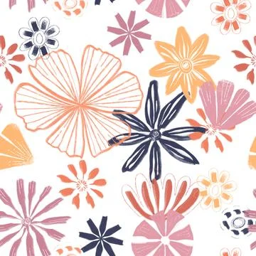 Seamless pattern of hand drawn lines and spots of plants and flowers Stock Illustration