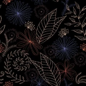 Seamless pattern of hand drawn lines of plants and flowers Stock Illustration