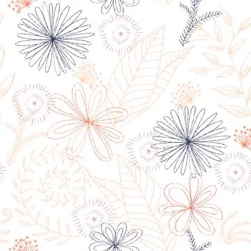 Seamless pattern of hand drawn lines of plants and flowers Stock Illustration
