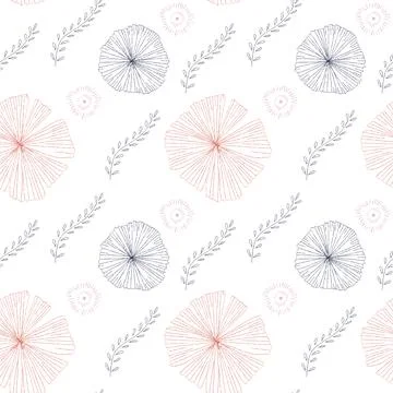 Seamless pattern of hand drawn lines of plants and flowers Stock Illustration