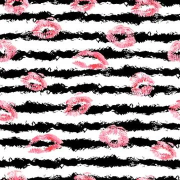 Seamless pattern with hand drawn lips prints and stripes Stock Illustration
