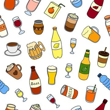 Seamless pattern with hand drawn liquid drinks. Stock Illustration