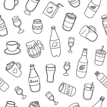 Seamless pattern with hand drawn liquid drinks. Stock Illustration