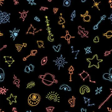 Seamless pattern with hand drawn magic witch elements. Tattoo. Ethnic style.. Stock Illustration