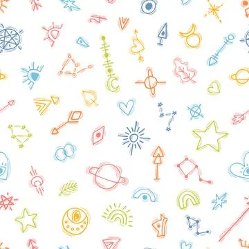 Seamless pattern with hand drawn magic witch elements. Ethnic style. Tribal.. Illustrazione stock