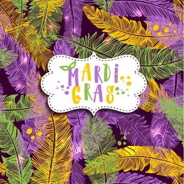 Seamless pattern with hand drawn Mardi Gras on feathers. Stock Illustration