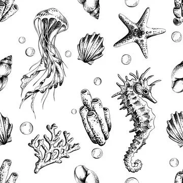 Seamless pattern with hand drawn marine animals illustration. Underwater world Illustrazione stock