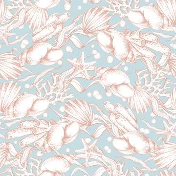 Seamless pattern with hand drawn marine animal and plant elements. Underwater Illustrazione stock