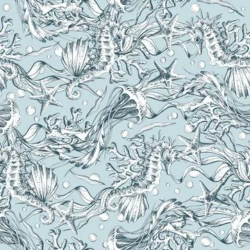 Seamless pattern with hand drawn marine animal and underwater plant on light Stock Illustration