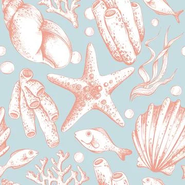Seamless pattern with hand-drawn marine life illustrations. Underwater world Stock Illustration