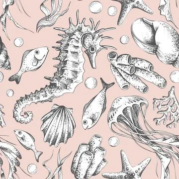 Seamless pattern with hand drawn marine animal and plant. Undersea kingdom with Stock Illustration