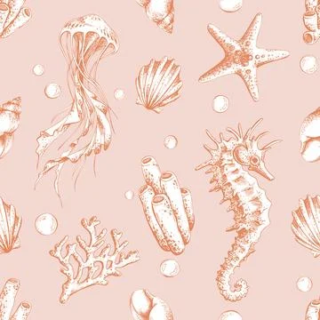 Seamless pattern with hand drawn marine animal and shell. Underwater world Illustrazione stock