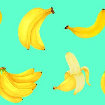 Seamless pattern Hand drawn markers painting fruit bananas on green backgroun Stock Illustration